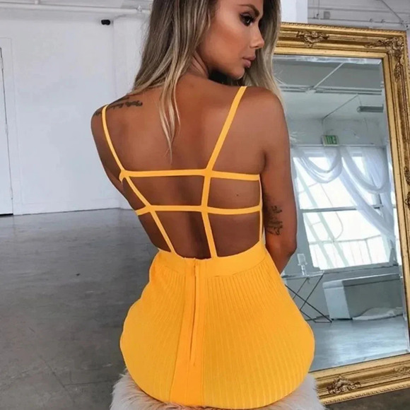 NEW! Yellow Ribbed Bandage Cut Out Strappy Cage Back Bodycon Dress - Picture 6 of 11